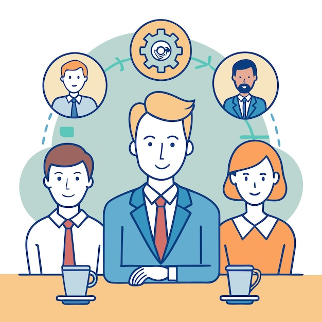 Three professionals in a meeting with communication icons above