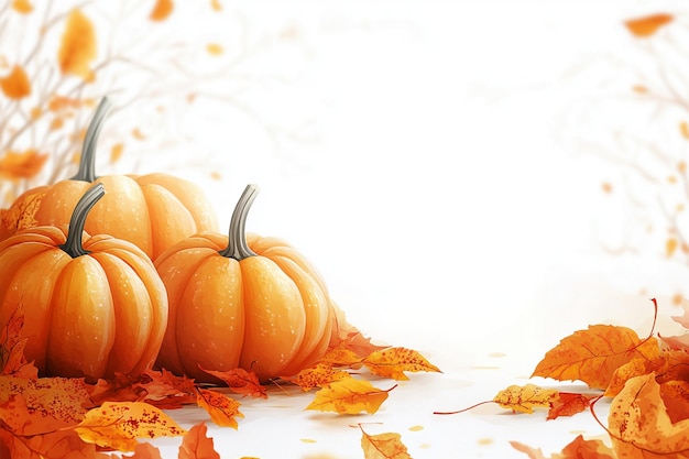 three pumpkins are on a table with leaves that say pumpkins