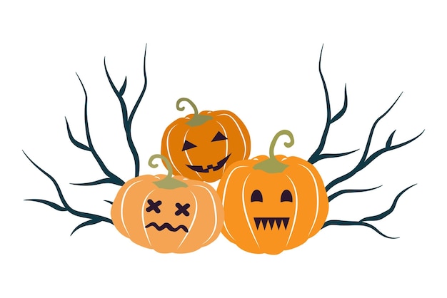 Three pumpkins on the background of creepy branches