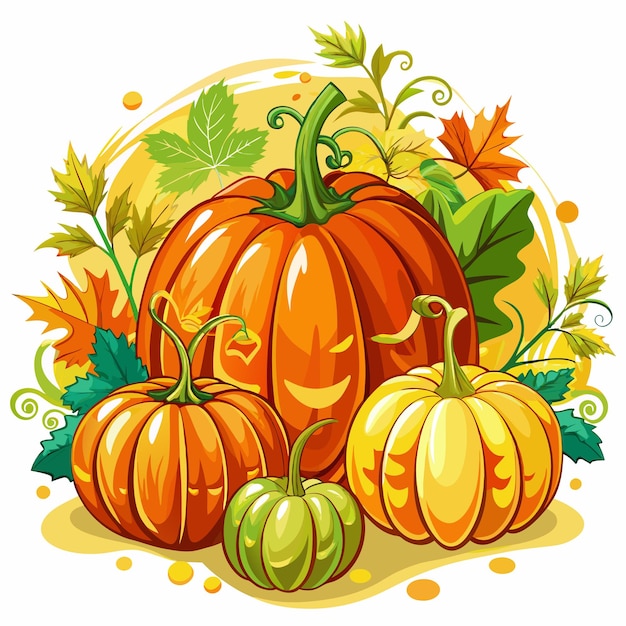 Vector three pumpkins with autumn leaves and vines