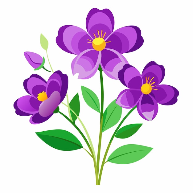 Vector three purple flowers with yellow centers two open flowers and one bud with green leaves on stems on a white background