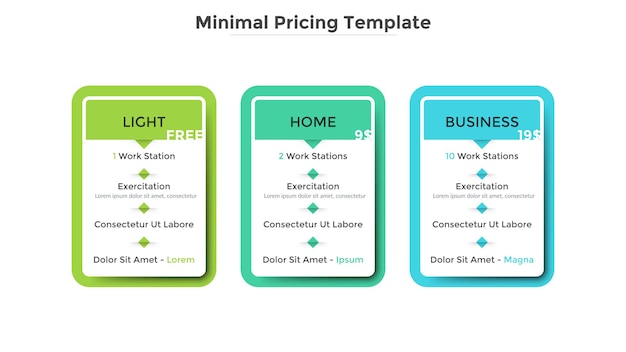 Three rectangular pricing tables or subscription plans to choose with list of included features. Light, home and business. Modern infographic design template. Vector illustration for website, banner.