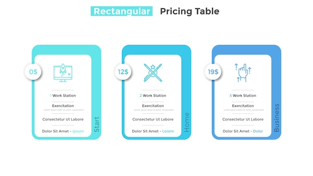 Three rectangular pricing tables or subscription plans to choose with list of included options. Start, home and business. Modern infographic design template. Vector illustration for website, banner.