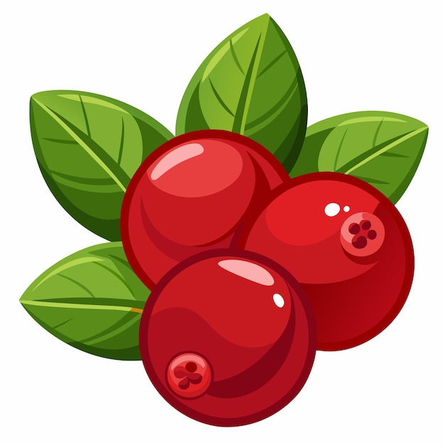 Vector three red cranberries with green leaves