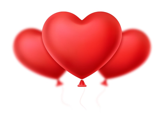 Three red hearts in the shape of balloon on white background. Valentine's Day.