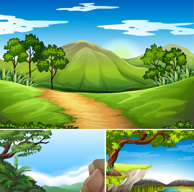 Three scenes with mountains at daytime