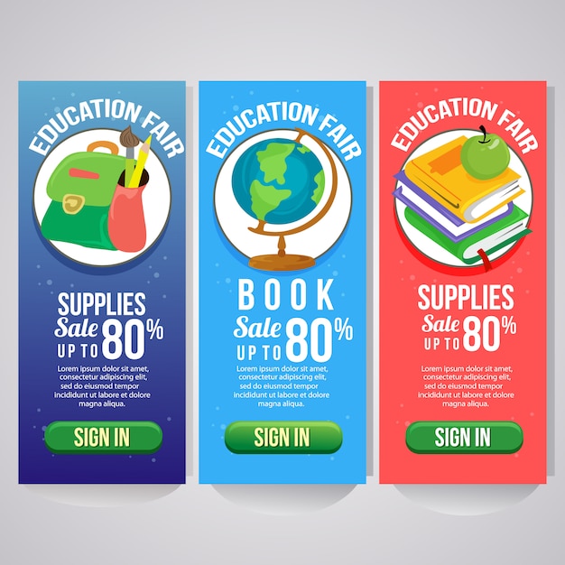 Three school holiday vertical banner website flat style