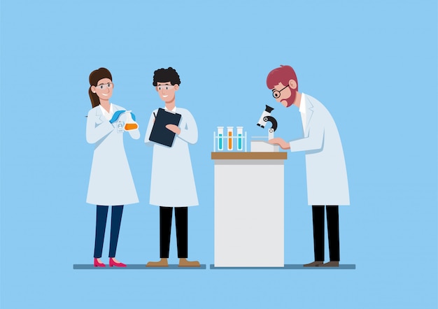 Three scientists on white coat working in science lab illustration