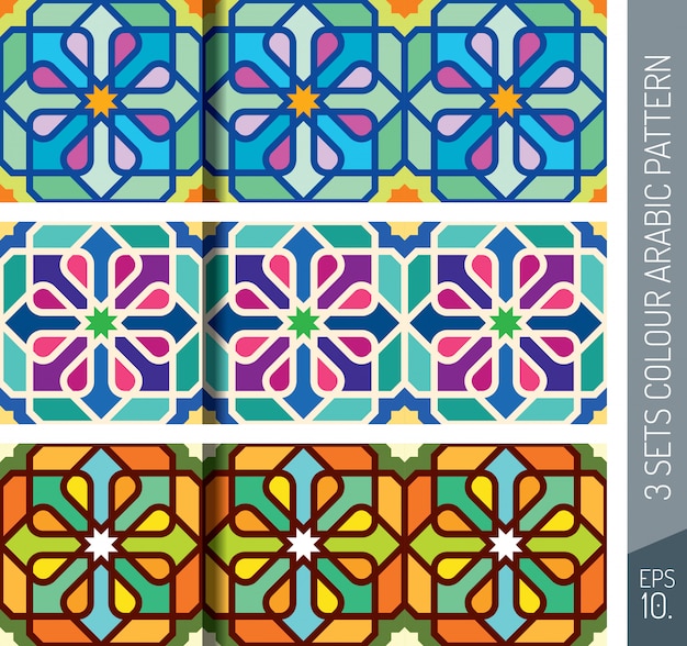 Three Sets Colorful Geometric Arabic Pattern Ornament