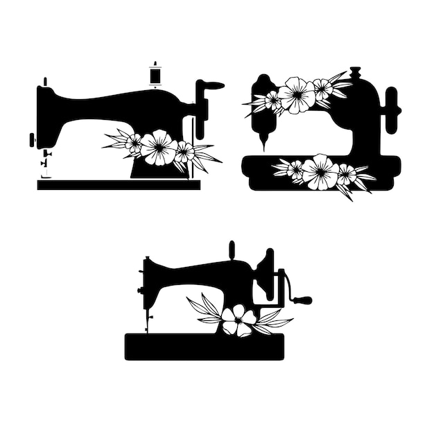 Three sewing machines with flowers on them are in black and white.