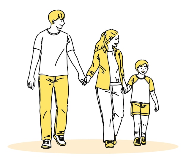 Three simple yellow family walking hand in hand vector illustrations mother father son