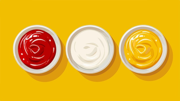 Vector three small bowls of condiments are shown on a yellow background