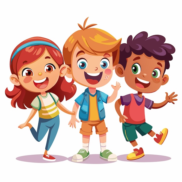 Three smiling kids standing together a girl with red hair a boy with blonde hair and a boy with black hair