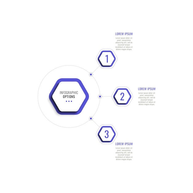 Three steps vertical infographic template with violet hexagonal elements on a white background