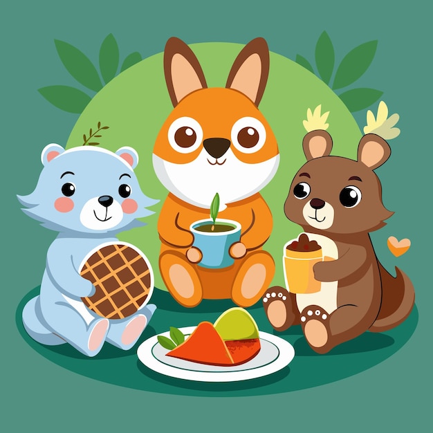 Vector three stuffed animals are sitting next to a plate of food