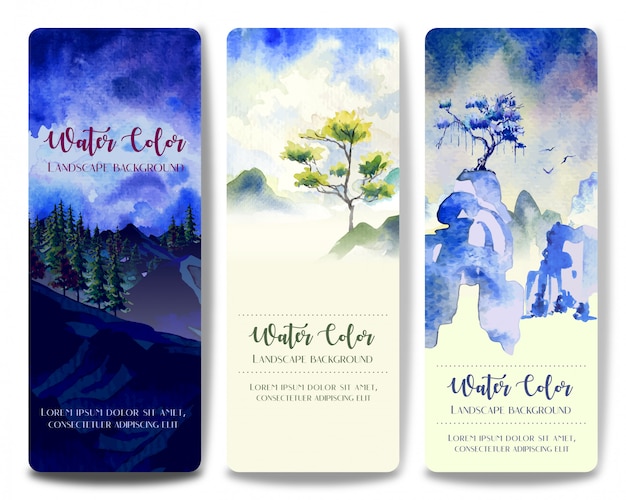 Three style watercolor landscape paintings, tree and hill