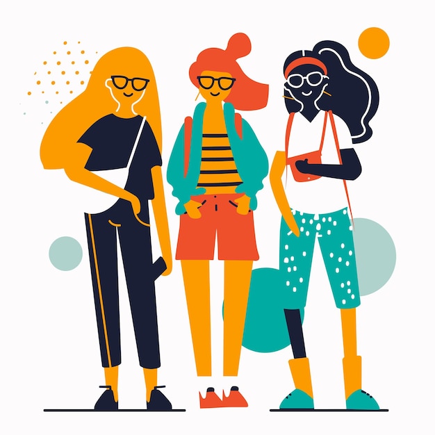 Three stylish women standing together fashion illustration Diverse female characters casual