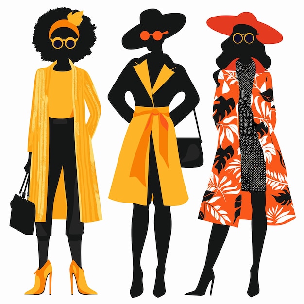 Vector three stylish women in vibrant fashionable attire