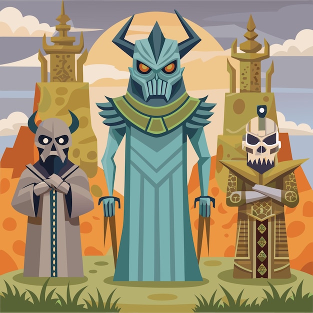 Vector three stylized figures resembling warriors or deities in a fantasy landscape