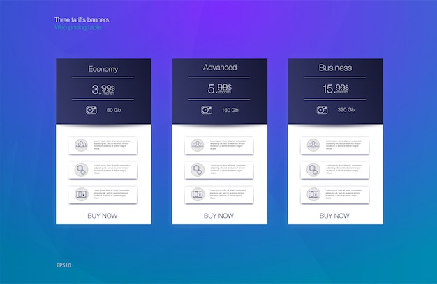 Three tariffs banners. Web pricing table. Vector design for web app. Price list.