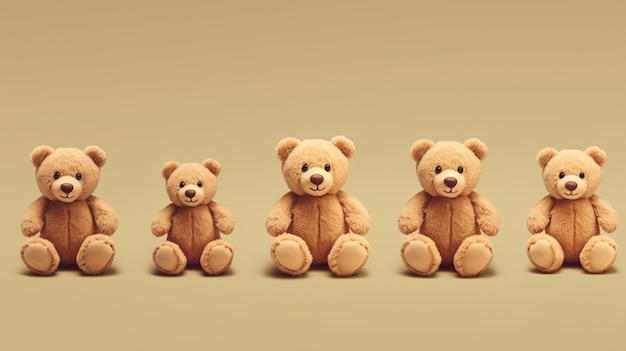 Vector three teddy bears in a row one of which is brown