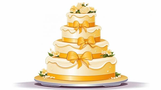 Vector a three tiered wedding cake with gold ribbon and flowers