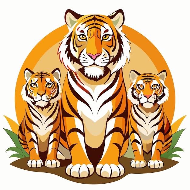 Three Tigers Sitting in Front of an Orange Circle