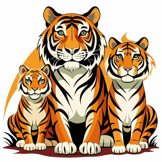 Three Tigers Sitting Together in a Row