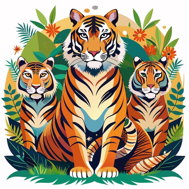 Three Tigers Surrounded by Lush Tropical Foliage