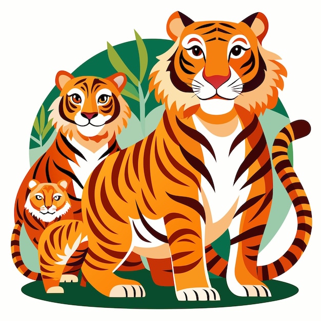 Three Tigers with Orange and Black Stripes in a Green Foliage Setting