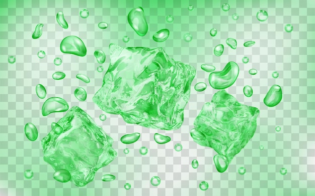 Three translucent green ice cubes and many air bubbles under water on transparent background