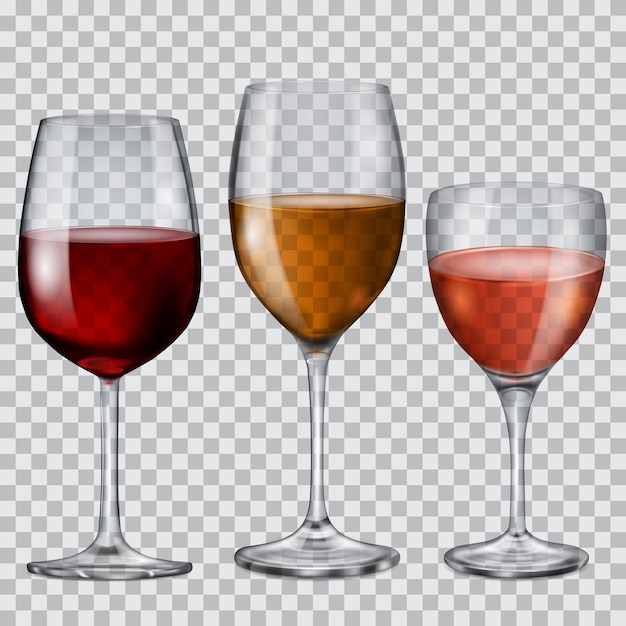 Three transparent glass goblets with wine of various colors