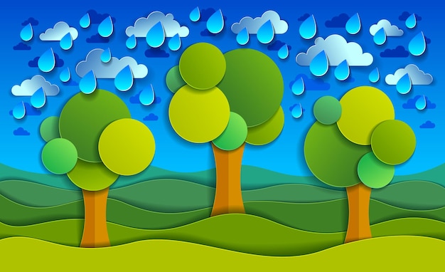 Three trees under rain in the field scenic nature landscape cartoon modern style paper cut vector illustration.