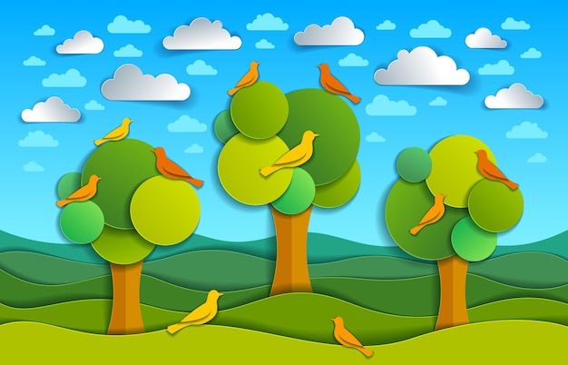 Three trees with birds in the field scenic nature landscape cartoon modern style paper cut vector illustration.