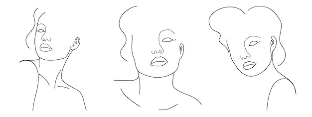 Three trendy fashion contour drawing lineart portraits of beautiful girls abstract face minimalism