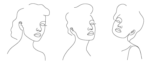 Three trendy fashion contour drawing lineart portraits of beautiful girls