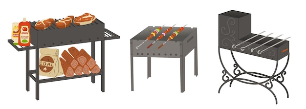 Three types of grills for cooking over a fire Grill grate and barbecue for frying on skewers Elements for a summer barbecue party Vector illustration isolated on transparent background