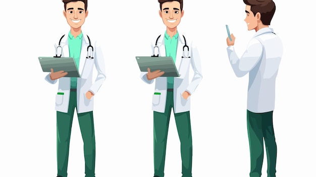 three vector illustration of a male doctor with a stethoscope