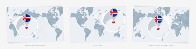 Three versions of the World Map with the enlarged map of Iceland with flag