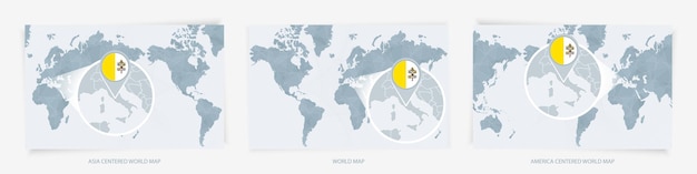 Three versions of the World Map with the enlarged map of Vatican City with flag