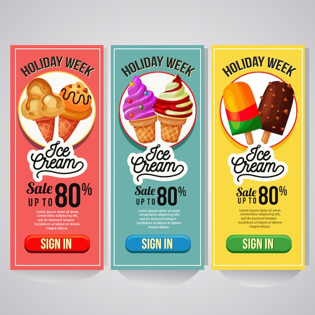 Three vertical banner website ice cream promo