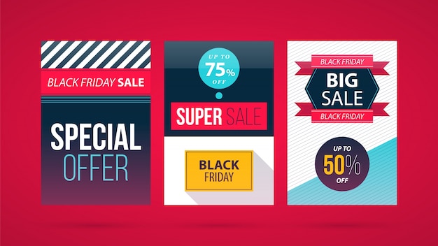 Three vertical Black Friday posters in modern flat style