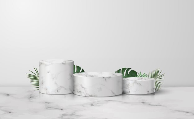 Vector three white marble cylinder podium