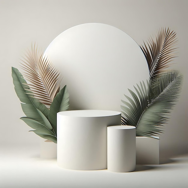 three white vases with palm trees and a round white sign on the top