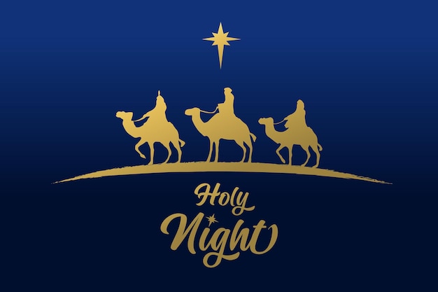 Three wise men golden silhouette, Holy night holiday card. Merry Christmas, gold star and 3 kings.