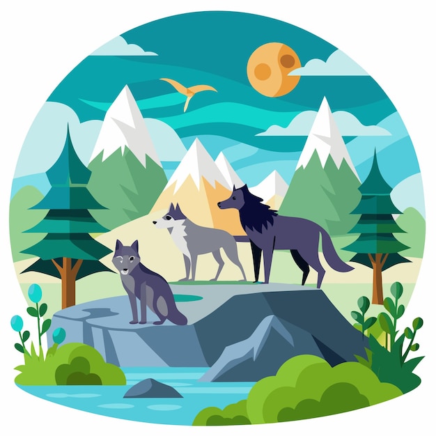 Three Wolves Standing on Rocks in a Mountainous Landscape