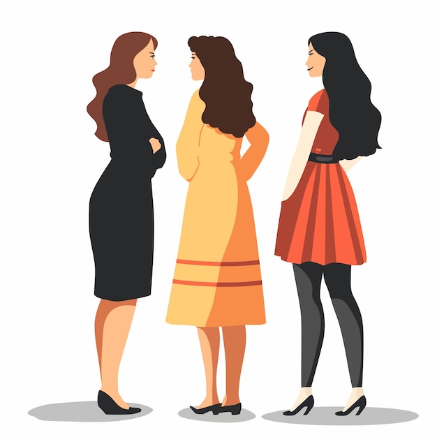 Vector three women are talking in a line with one wearing a red dress