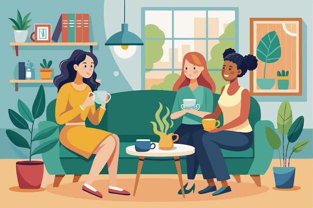 Vector three women share laughter and conversation while sipping coffee on a comfortable sofa surrounded by plants women drinking coffee at home