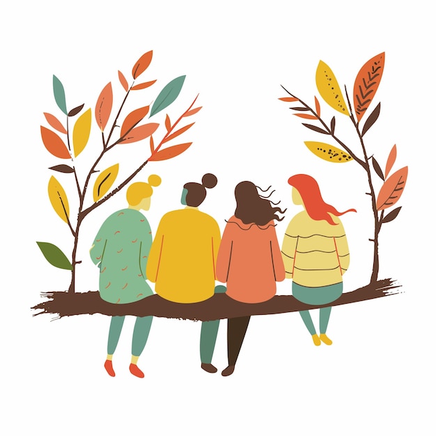 Three women sitting bench diverse female friends enjoying park Leaves falling near