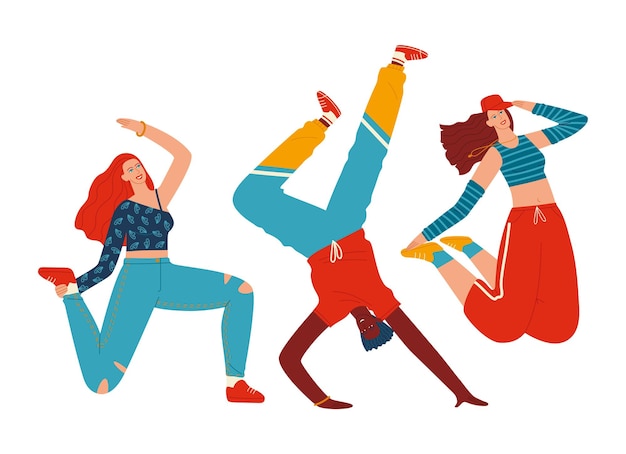 Vector three young adults dancing hiphop in colorful attire showing dynamic poses and happy faces urban